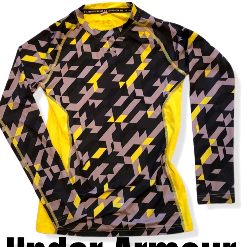 Under Armour Boys M Long Sleeve Geometric Black Neon Yellow Dri Fit Shirt